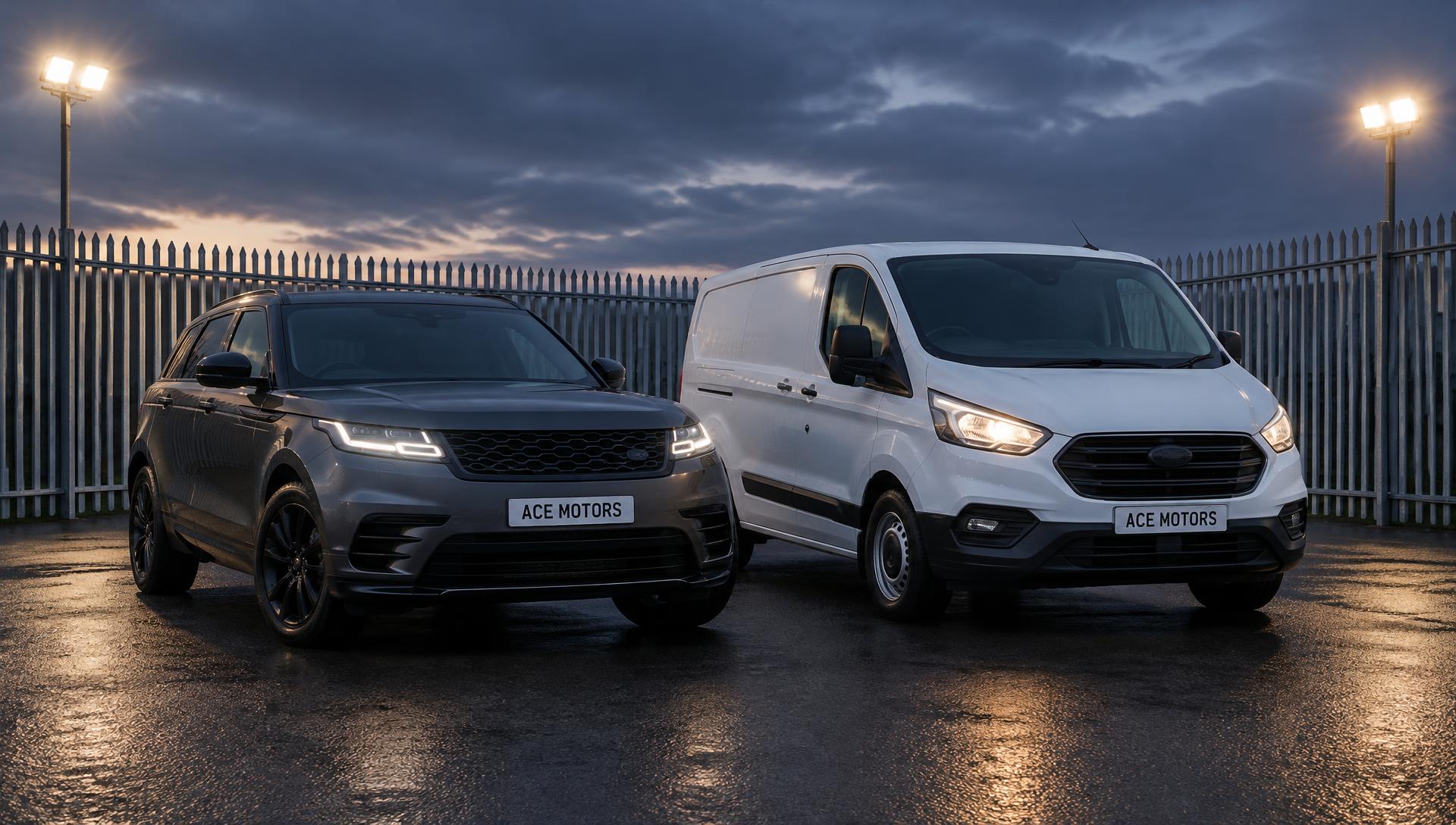 SUV and van in the ACE MOTORS yard at dusk